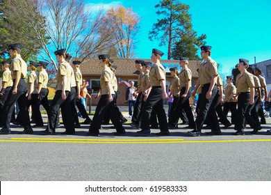 GLOUCESTER, VA - April 1, 2017: Gloucester High School Dukes NAVY JROTC In The 31st Annual Daffodil Fest And Parade, The Daffodil Fest And Parade Is A Regular Event Each Spring In April
