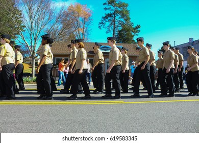 GLOUCESTER, VA - April 1, 2017: Gloucester High School Dukes NAVY JROTC In The 31st Annual Daffodil Fest And Parade, The Daffodil Fest And Parade Is A Regular Event Each Spring In April
