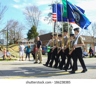 GLOUCESTER, VA - April 5, 2014: 28th Annual Daffodil Parade, Gloucester High School Navy JROTC Marching In The Parade, The Daffodil Fest And Parade Is A Regular Event Held Each Spring