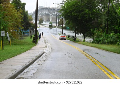 GLOUCESTER, VIRGINIA - OCTOBER 2, 2015: The Closed Off Gloucester Point Beach In Gloucester VA As Hurricane Joaquin And A Stalled Front Combine To Create Major Coastal  Flooding In Law Lying Areas