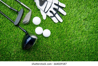 Glove, Balls, Putter, Iron Wage And Golf-club Driver, Golf Gear And Equipment On Flat Lay Top View. Copy Space On Right Side.