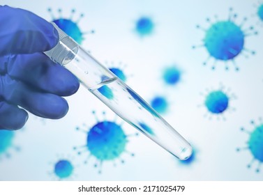 Gloved doctor's hand holds test tube with transparent liquid on background of bacteria illustration. Bacterias in water, contaminated water concept. Risk of getting sick from polluted water.  - Shutterstock ID 2171025479