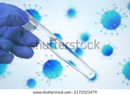 Gloved doctor's hand holds test tube with transparent liquid on background of bacteria illustration. Bacterias in water, contaminated water concept. Risk of getting sick from polluted water. 