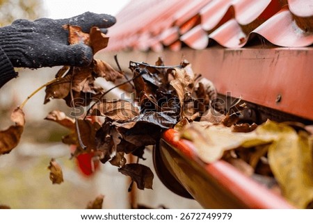 A gloved hand clears the gutter of a red tile roof of fall leaves, preventing clogs and water damage.