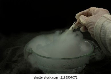 Gloved Hand Holding Investigational Vaccine For Covid 19 In The Process Of Cooling Dry Ice To Minus 72 Degrees Celsius