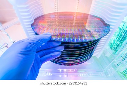 Gloved Hand Holding a Silicon Wafer in plastic holder box used in electronics for the fabrication of integrated circuits - Shutterstock ID 2233154231