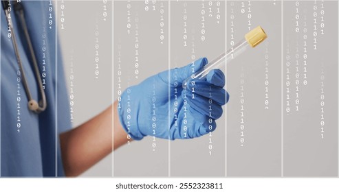 Gloved hand holding test tube over binary code image. Science, technology, laboratory, data, analysis, research - Powered by Shutterstock - Get 15% off with code: PIKWIZARD15