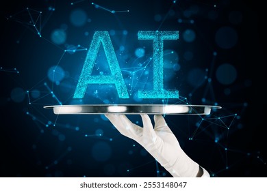 Gloved hand holding a tray with glowing AI letters, surrounded by neon neural network connections on a dark background, concept of technology
