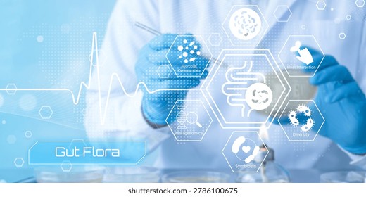 A gloved hand holds a tool while a digital overlay displays interconnected icons representing gut flora microbiome concepts like metagenomics symbiosis diversity and host interaction
