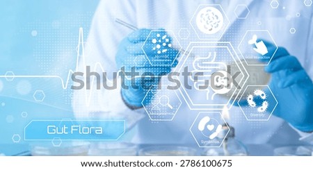 A gloved hand holds a tool while a digital overlay displays interconnected icons representing gut flora microbiome concepts like metagenomics symbiosis diversity and host interaction