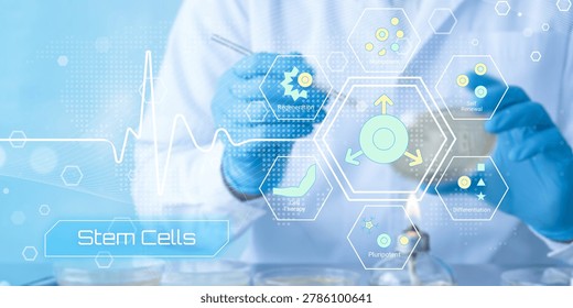 A gloved hand in a lab setting interacts with a digital display illustrating stem cell processes including regeneration gene therapy removal differentiation and pluripotency