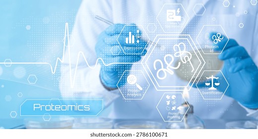A gloved hand in a lab setting interacts with digital icons representing proteomics processes like expression analysis protein identification quantification and profiling overlaid on a blurred lab background