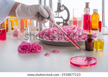 A gloved hand pipetting in a petri dish in up-to-date perfume laboratory. Focus on drop