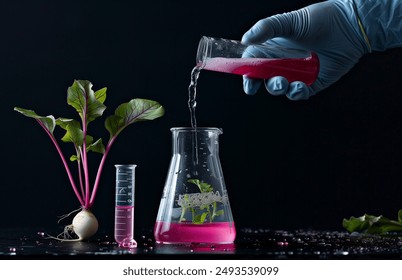 A gloved hand is pouring water from an E-shaped beaker with roots and leaves into a test tube of pink liquid. - Powered by Shutterstock