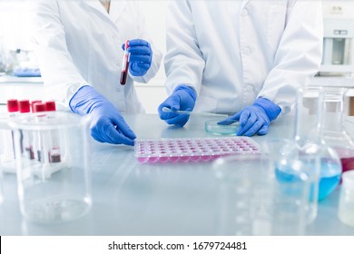 Gloved hands of two contemporary scientists in whitecoats testing new sanitizer or vaccine while standing by desk in laboratory