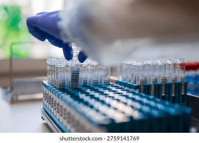 Gloved Technician Selecting Sample Vials From Rack, Workstation Bathed In Natural Light With Labeled Tubes,