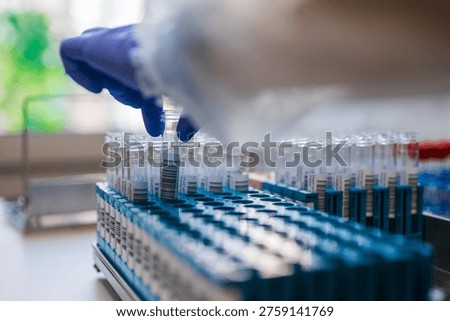 Gloved Technician Selecting Sample Vials From Rack, Workstation Bathed In Natural Light With Labeled Tubes,