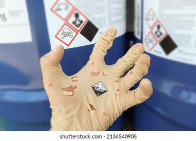 Gloves were torn by to chemical corrosive and danger 