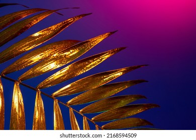 Glow. Closeup golden tropical palm leaf over pink-purple background in neon light. Concept of floristry, decorations, creativity, decor and ad - Powered by Shutterstock