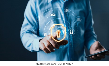 The glow shield represents the effort to secure cyber environment,protect sensitive data, and ensure safety from threat,emphasizing the importance of robust cybersecurity solutions in the digital age.