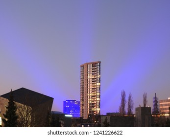 Glow spectacular light art festival, blue skyline. Eindhoven Netherlands 2018. Brainport, science and technology: vesteda, abbe, university, student and hotel. - Powered by Shutterstock