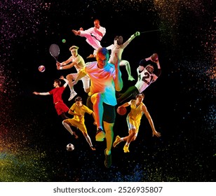 Glowing action collage with athletes captured mid-motion in neon light against dark background, emphasizing movement and power. Concept of different kinds of sports, championship, league. Ad - Powered by Shutterstock