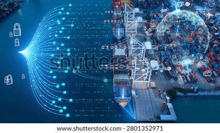 Glowing AI brain, digital data streams, and security padlocks overlaid on a commercial cargo container port. Smart maritime logistics, artificial intelligence supply chain, and secure global trade technology.