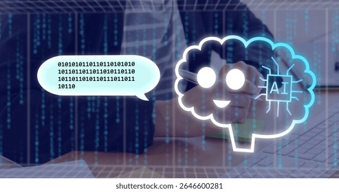 Glowing AI brain icon hovering over laptop on office desk, with binary code streams, copy space. Technology, artificial intelligence, innovation, digital, futurism, productivity, data
