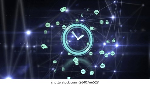 Glowing analog clock face connecting network and floating currency, marketing icons in digital grid. Futuristic, digital, technology, innovation, connectivity, data, cybersecurity