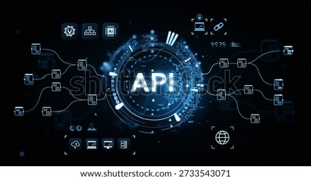 Glowing API text in digital interface style with connected icons and data flow diagrams on dark tech background, representing software integration concept
