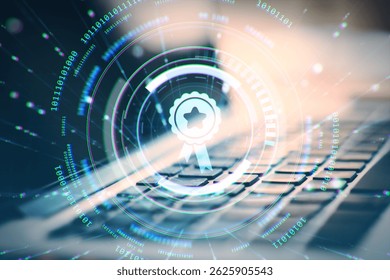 A glowing badge icon overlay on a laptop keyboard, with binary code and tech symbols on a light blurred background, representing digital certification