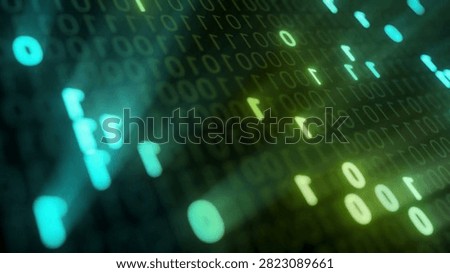 Glowing binary code flows across a dark background, showcasing a digital representation of data. The visual highlights bits and bytes in vibrant colors, emphasizing technology in action.