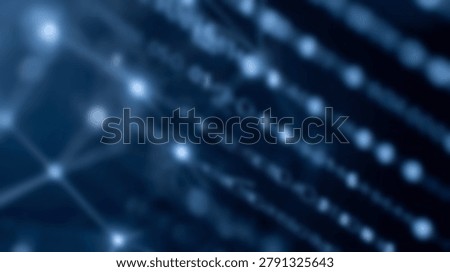 Glowing binary code and interconnected network nodes appear in a dark blue digital environment with a shallow depth of field and soft bokeh light effects