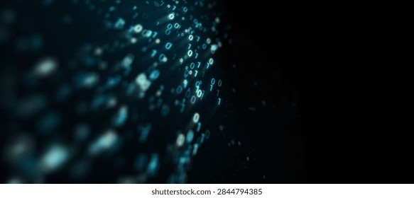 Glowing Binary Data Stream In Dark Cyberspace. Abstract technology background with glowing blue binary numbers flowing in a dark digital space, bokeh particles and depth of field, futuristic data stream concept for programming, coding, big data, cybersecurity, encryption, AI and network communication, with copy space.