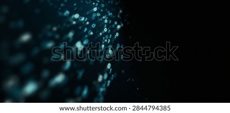 Glowing Binary Data Stream In Dark Cyberspace. Abstract technology background with glowing blue binary numbers flowing in a dark digital space, bokeh particles and depth of field, futuristic data stream concept for programming, coding, big data, cybersecurity, encryption, AI and network communication, with copy space.