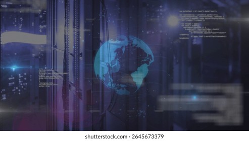 Glowing blue Earth globe hovering in data center, with cabled server racks code overlays. Futuristic, technology, cyber, digital, connectivity, innovation, sleek