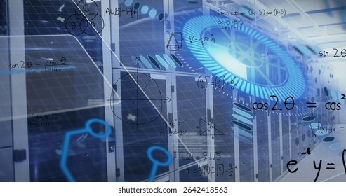 Glowing blue gear-like graphic dominating data center with server racks and circuit math overlays. Technology, data, cybersecurity, automation, innovation, network, infrastructure