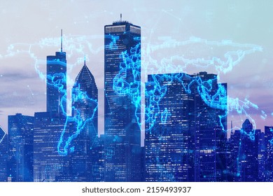 Glowing blue map and digital data concept on bright city background. Info, news and planet concept. Double exposure