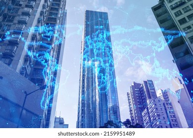 Glowing blue map and digital data concept on bright city texture. Info, news and planet concept. Double exposure