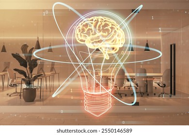 Glowing brain inside a light bulb with binary codes overlaid on a modern office background, symbolizing innovation, creativity, and technology - Powered by Shutterstock