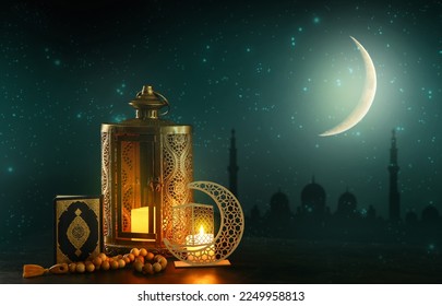 Glowing candle, Quran, tasbih and fanoos lamp at dark night - Powered by Shutterstock