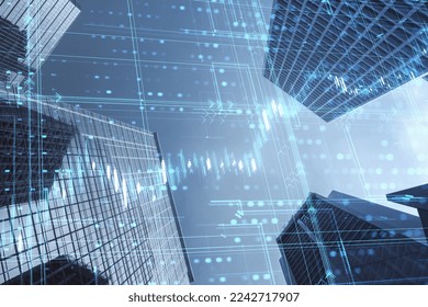 Glowing candlestick forex grid chart on blurry city background. Financial growth, trade and stock market concept. Double exposure