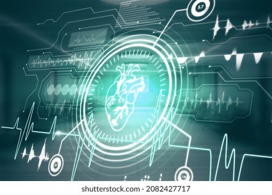 Glowing cardiovascular medical hud screen on blurry hospital interior background. Online medicine, cardiology and health concept. Double exposure