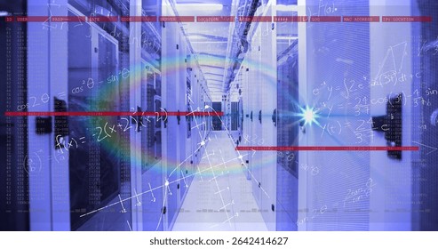 Glowing central aisle under blue LED lighting in server room corridor, with digital equations. Technology, data, cybersecurity, innovation, futuristic, industry, engineering