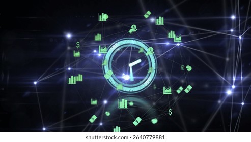 Glowing central clock linking data lines in cyber grid, with floating charts and currency symbols. Futuristic, digital, network, technology, analytics, finance, virtual - Powered by Shutterstock - Get 15% off with code: PIKWIZARD15