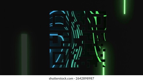 Glowing central digital code pattern illuminating interface, with vertical neon green light bars. Neon, cybersecurity, technology, futuristic, abstract, digital, interface