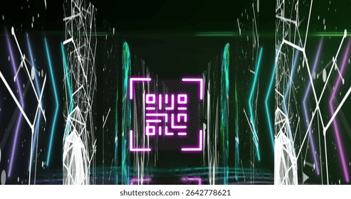 Glowing central magenta neon frame floating in virtual tech corridor, reflecting particles on floor. Futuristic, cyberpunk, holographic, digital, high-tech, immersive, neon