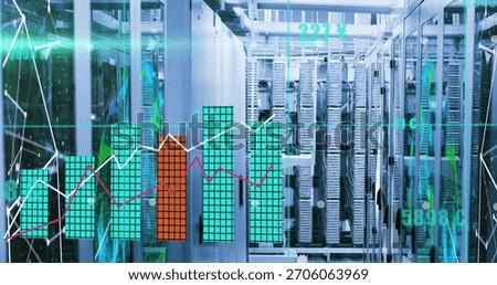 Glowing central server rack row showing bar chart overlays and trend lines inside datacenter aisle. Data, analytics, visualization, cabling, cabinets, infrastructure, futuristic