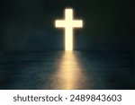 Glowing Christian cross shaped hole in dark empty room. Faith, Religion and symbolic concept                            