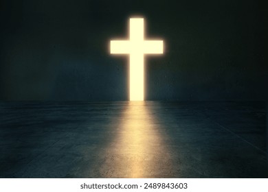 Glowing Christian cross shaped hole in dark empty room. Faith, Religion and symbolic concept                            